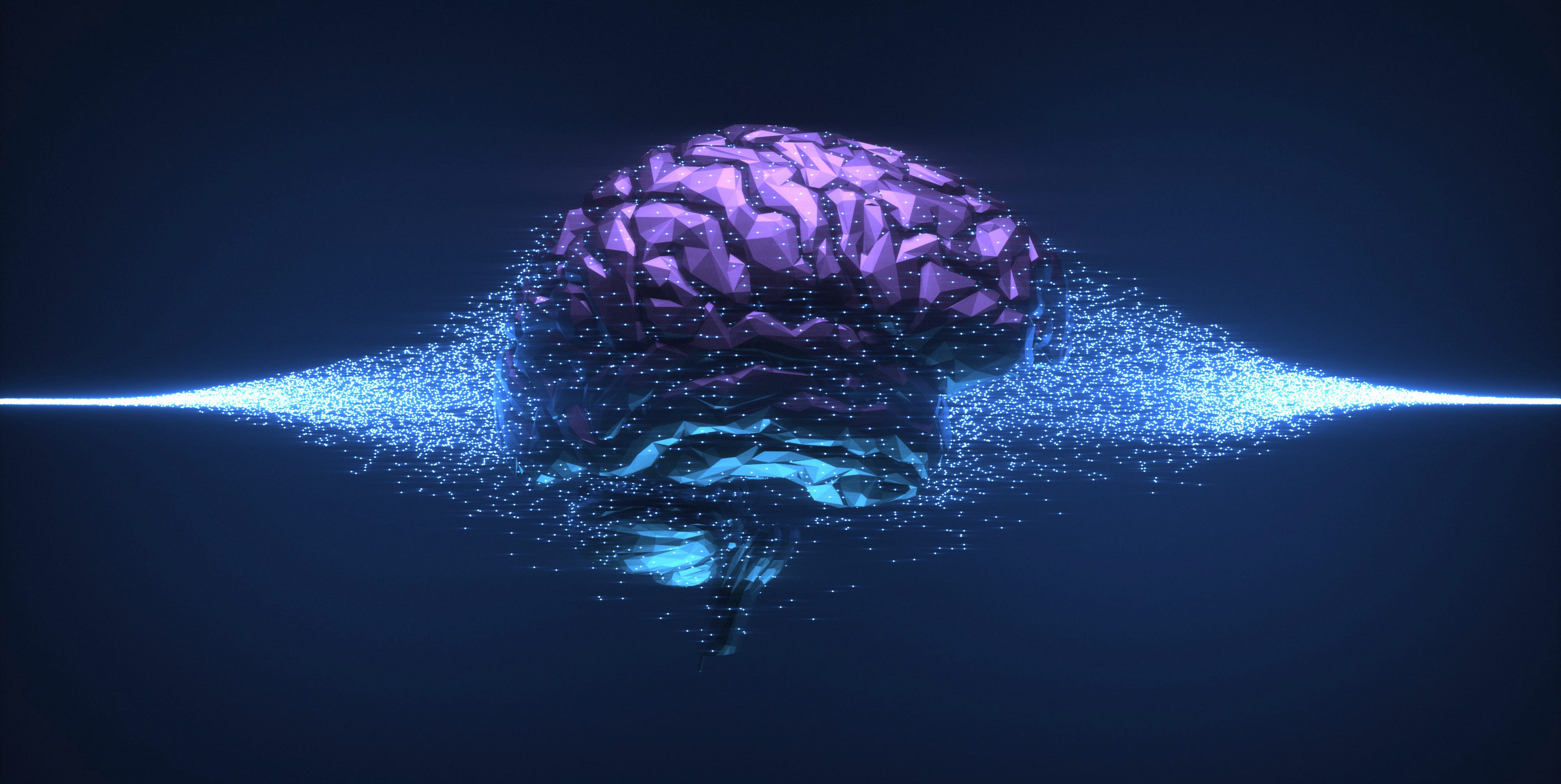 Hintergrundbild, das ein menschliches Gehirn zeigt, das in einen Datenstrom gebettet ist.